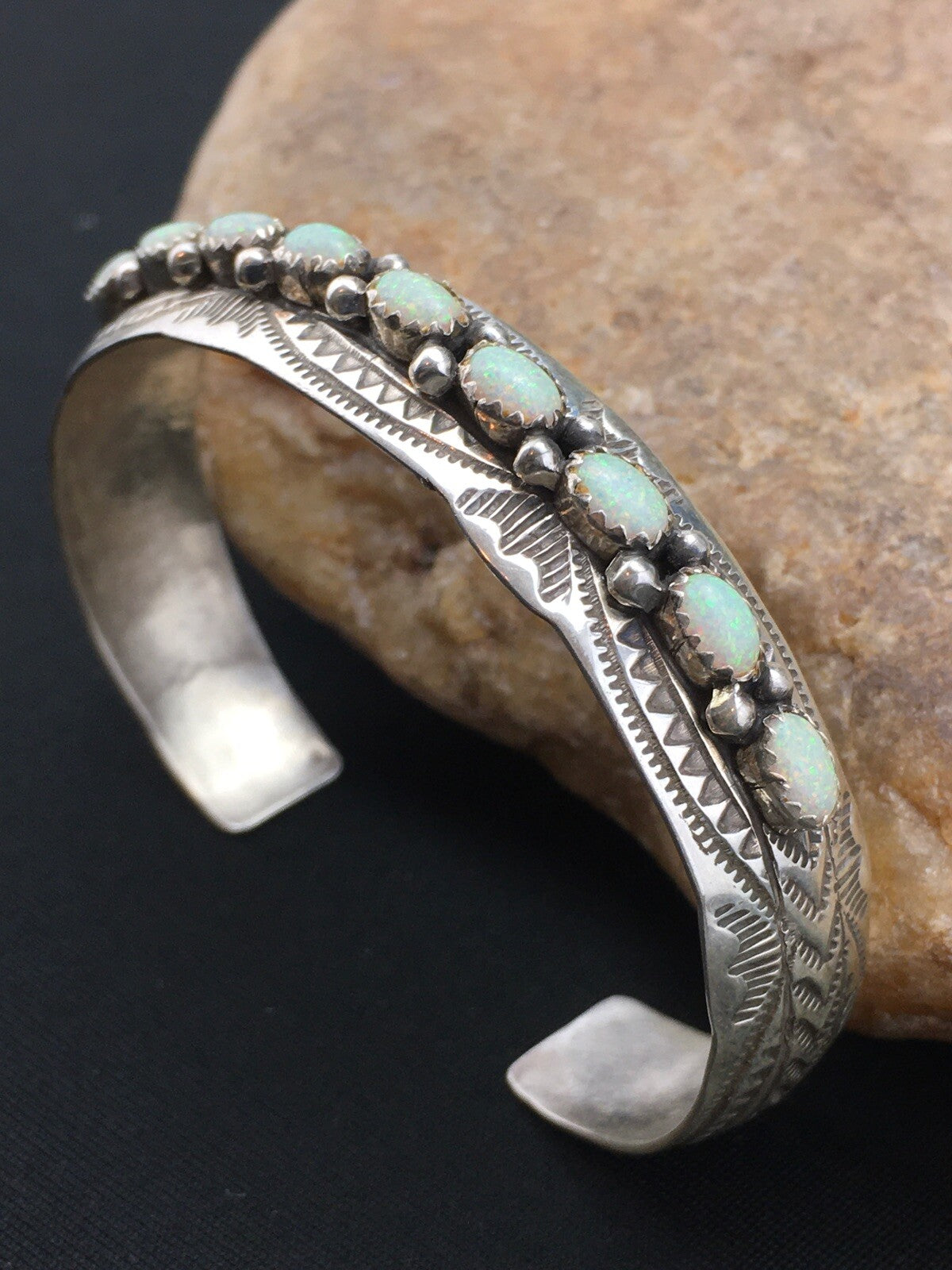 White Opal Navajo Sterling Silver Native American Cuff Bracelet 4734