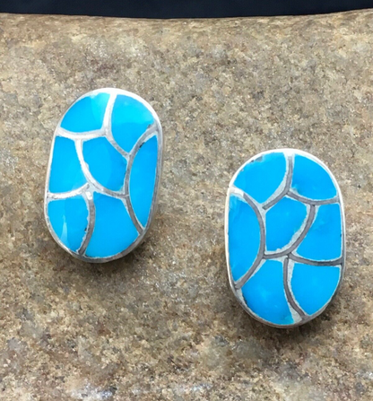 Blue Turquoise Zuni Sterling Silver Inlay Earrings 1.25" 1072
