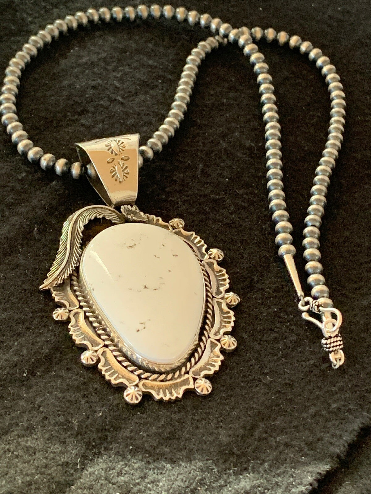 Mens White Buffalo Turquoise Pendant Navajo Sterling Silver Necklace 04238