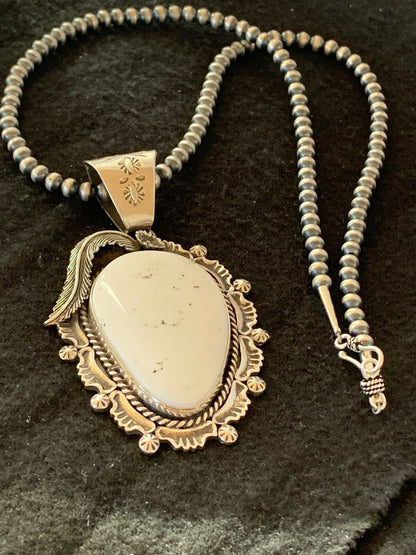Mens White Buffalo Turquoise Pendant Navajo Sterling Silver Necklace 04238