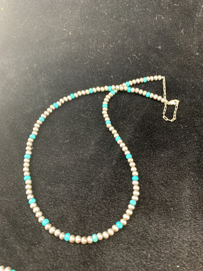 Blue Turquoise Navajo Pearls 4mm Sterling Silver Bead 14" Necklace 94116