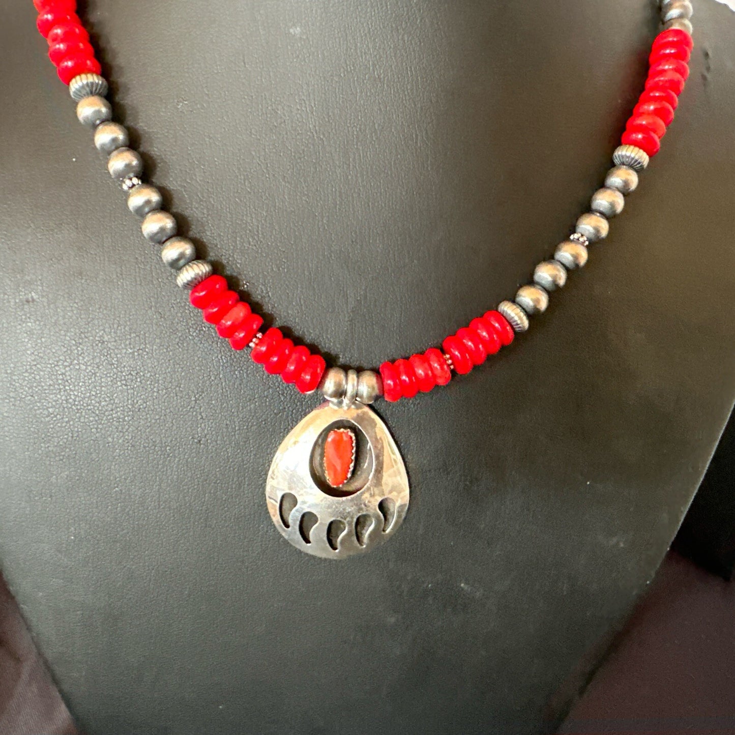 Mens Red Coral BearPaw Pendant Navajo Pearls Sterling Silver Necklace 17883