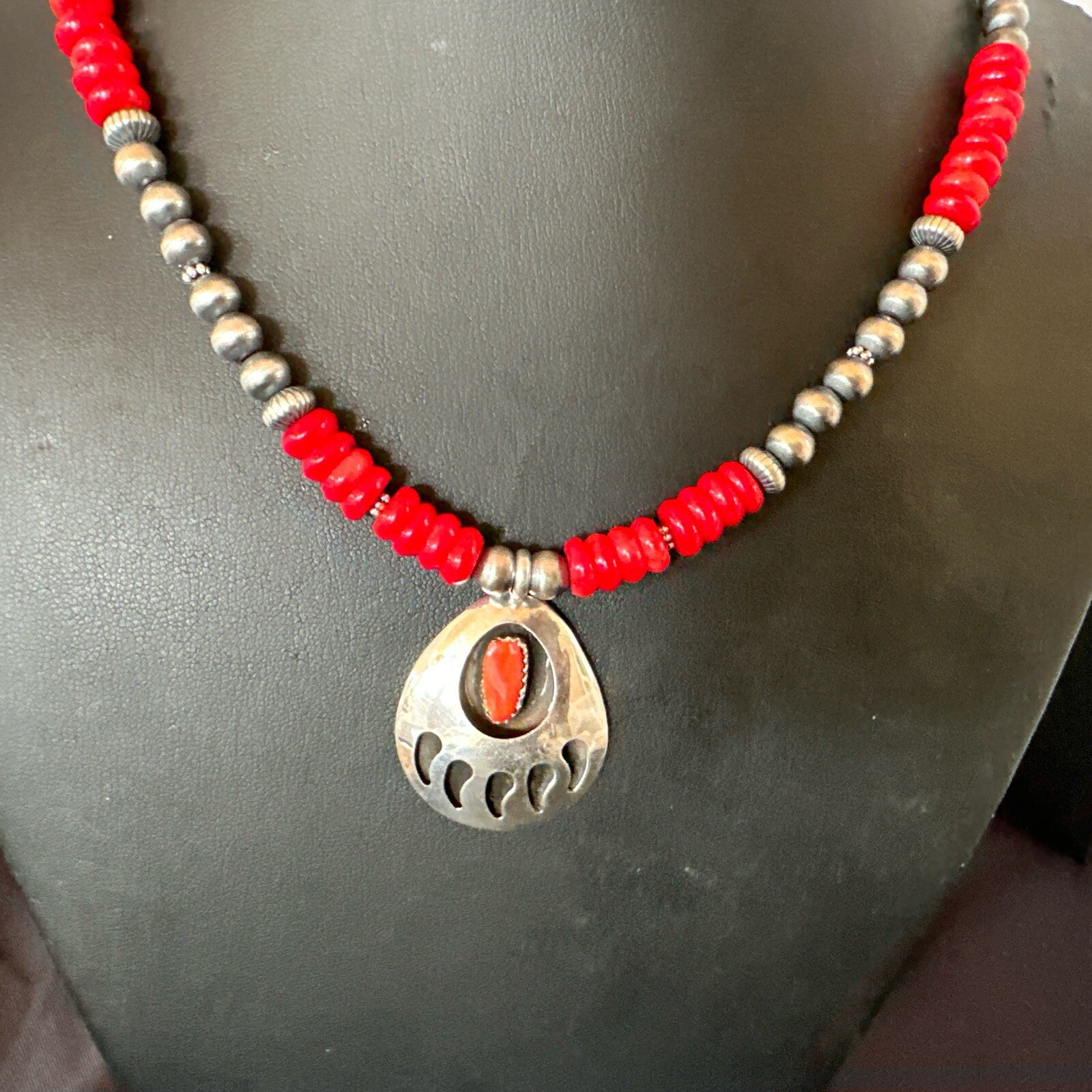 Mens Red Coral BearPaw Pendant Navajo Pearls Sterling Silver Necklace 17883