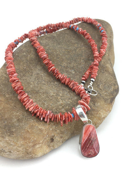 Spiny Oyster Pendant Turquoise Navajo Sterling Silver Beads Necklace 04890