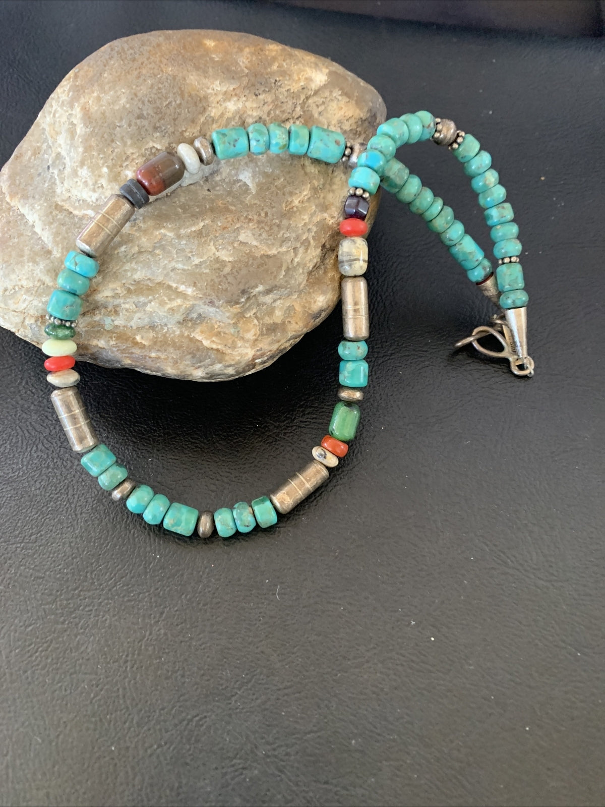 Turquoise Spiny Oyster & Coral Beads Sterling Silver Gold Necklace 10396