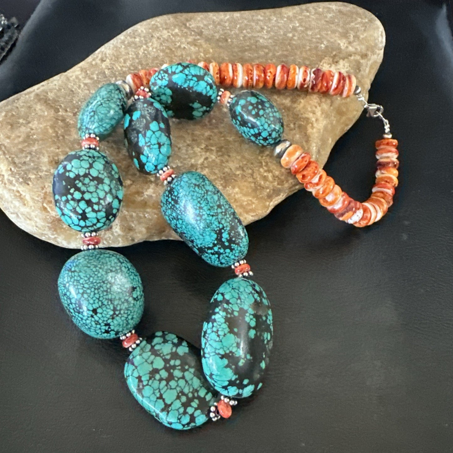Blue Turquoise Red Spiny Chunky Navajo Sterling Silver Necklace 22” 19248