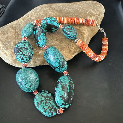 Blue Turquoise Red Spiny Chunky Navajo Sterling Silver Necklace 22” 19248