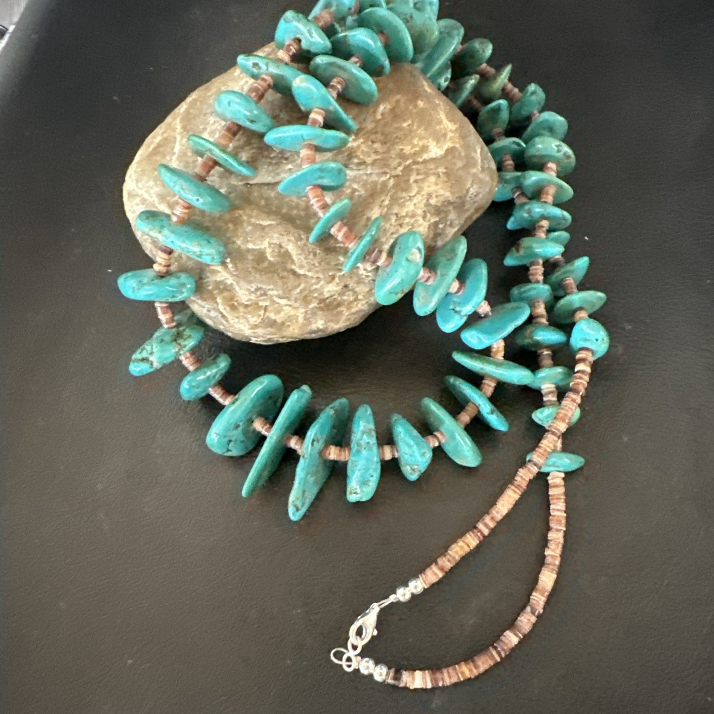 XL Navajo Kingman Turquoise Shell Heishi Sterling Silver Bead 35” Necklace 19634