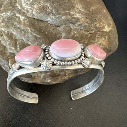 Navajo Pink Conch 3 Stone Sterling Silver Cuff Bracelet 18851