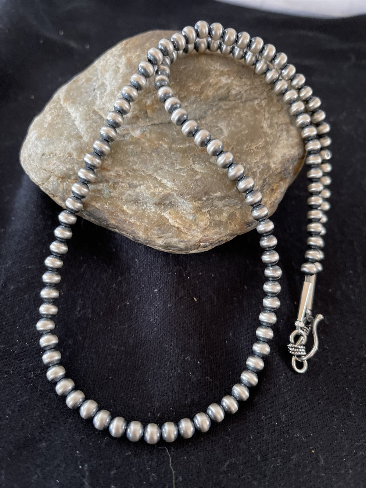 Native American 5mm Sterling Silver Beads Navajo 18" Hook & Eye Cone Necklace