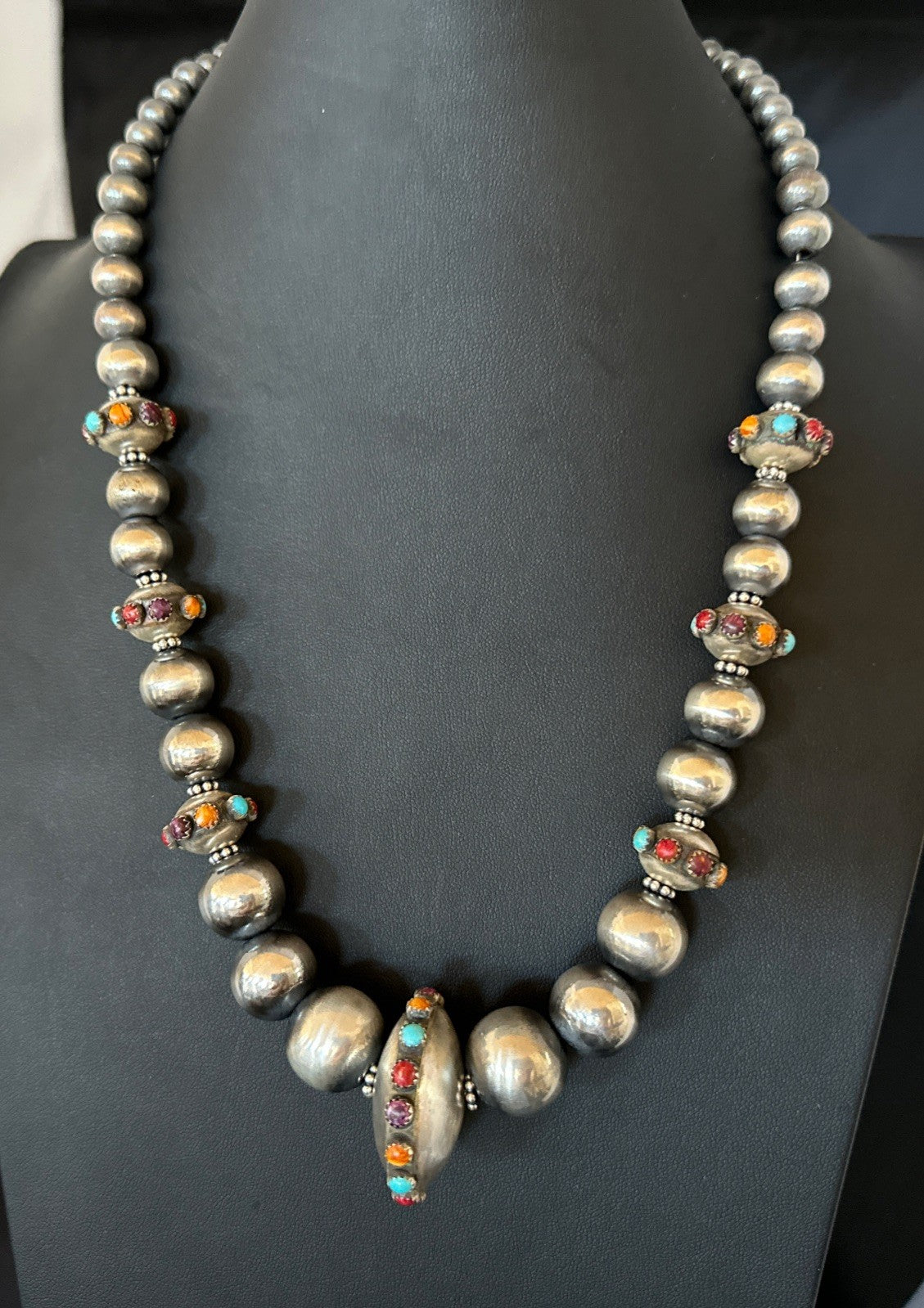Multicolor Spiny Navajo Pearls Turquoise Sterling Silver Necklace 23” 19448