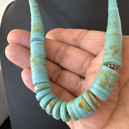 23” Turquoise Heishi Stabilized Graduated Blue Gr Sterling Silver Necklace 19726