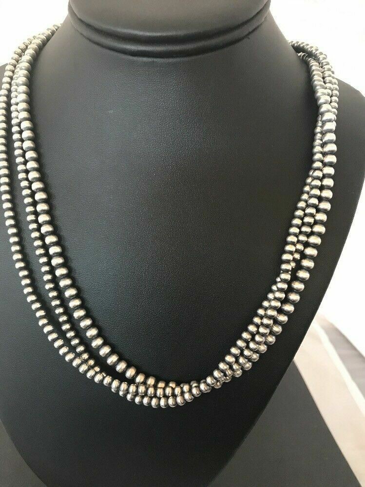 Native American 4, 5, 6 mm Sterling Silver Beads 3 Strand 36” Necklace