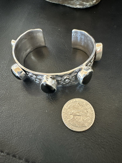Mens Womens Navajo Sterling Silver Black Onyx Cluster Cuff Bracelet 7.5" 19434