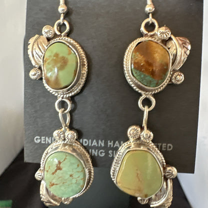 Green Royston Turquoise Navajo Sterling Silver Dangle Earrings 19600