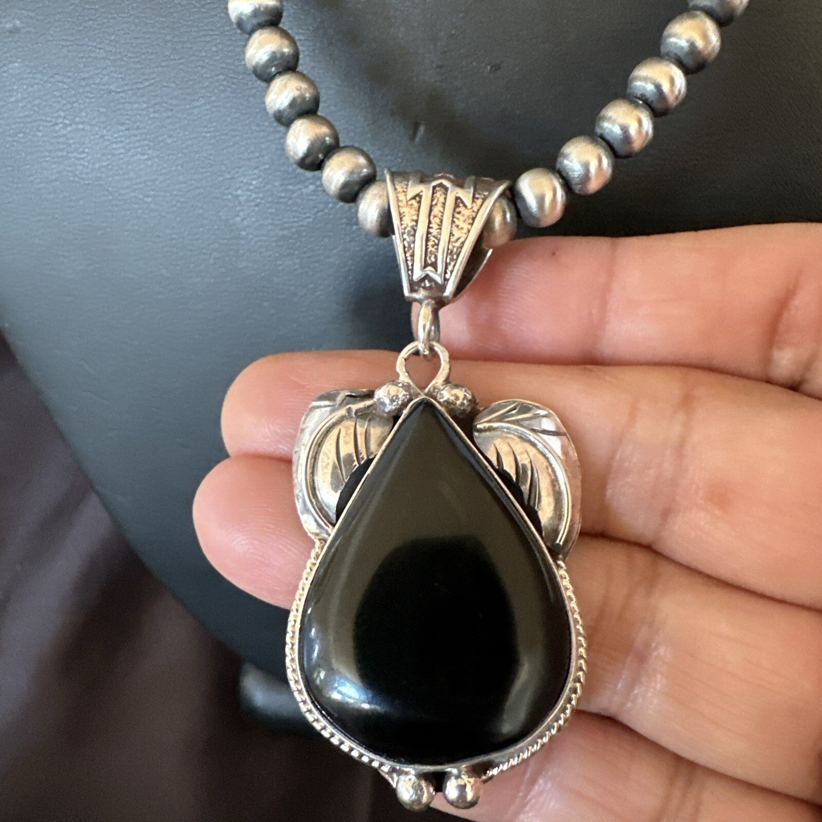 Mens Womens Black Onyx Pendant Navajo Sterling Silver Beads Necklace 18351