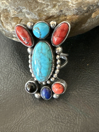 Cluster Blue Turquoise Spiny Oyster Onyx Sterling Silver Ring Size 8 18562