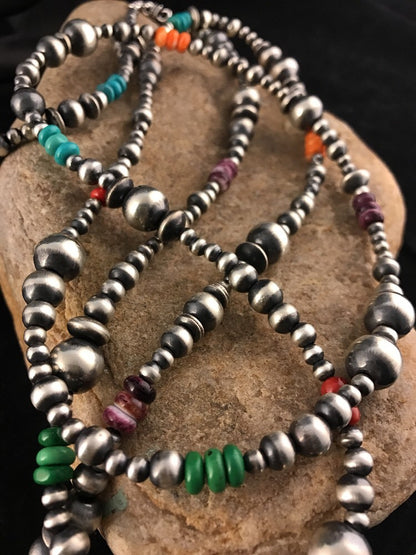 Turquoise Coral Spiny Oyster Sterling Silver Beads Bead Necklace 92818