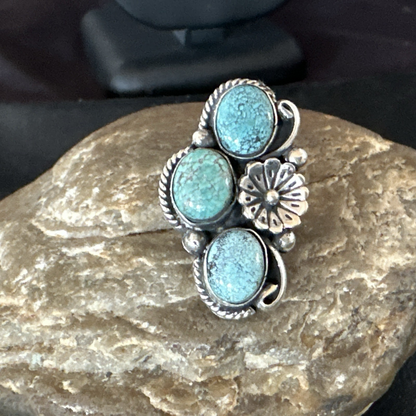 Yazzie Ring Blue Turquoise Navajo Sterling Silver Cluster Size 7 19240