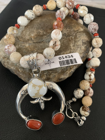 White Buffalo Turquoise Coral Naja Pendant Navajo Sterling Silver Necklace 01434