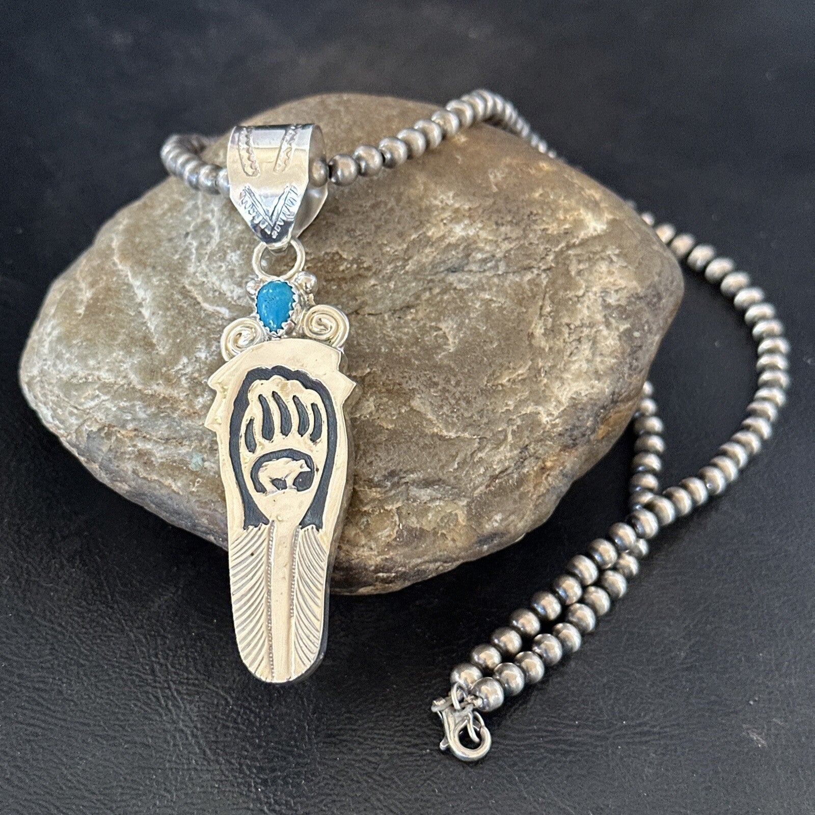 Feather BearPaw Navajo Sterling Silver Blue Turquoise Necklace Pendant 17813