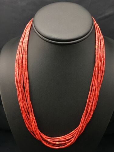 Native American Red Coral Navajo Necklace Sterling Silver 10 Strand 4387