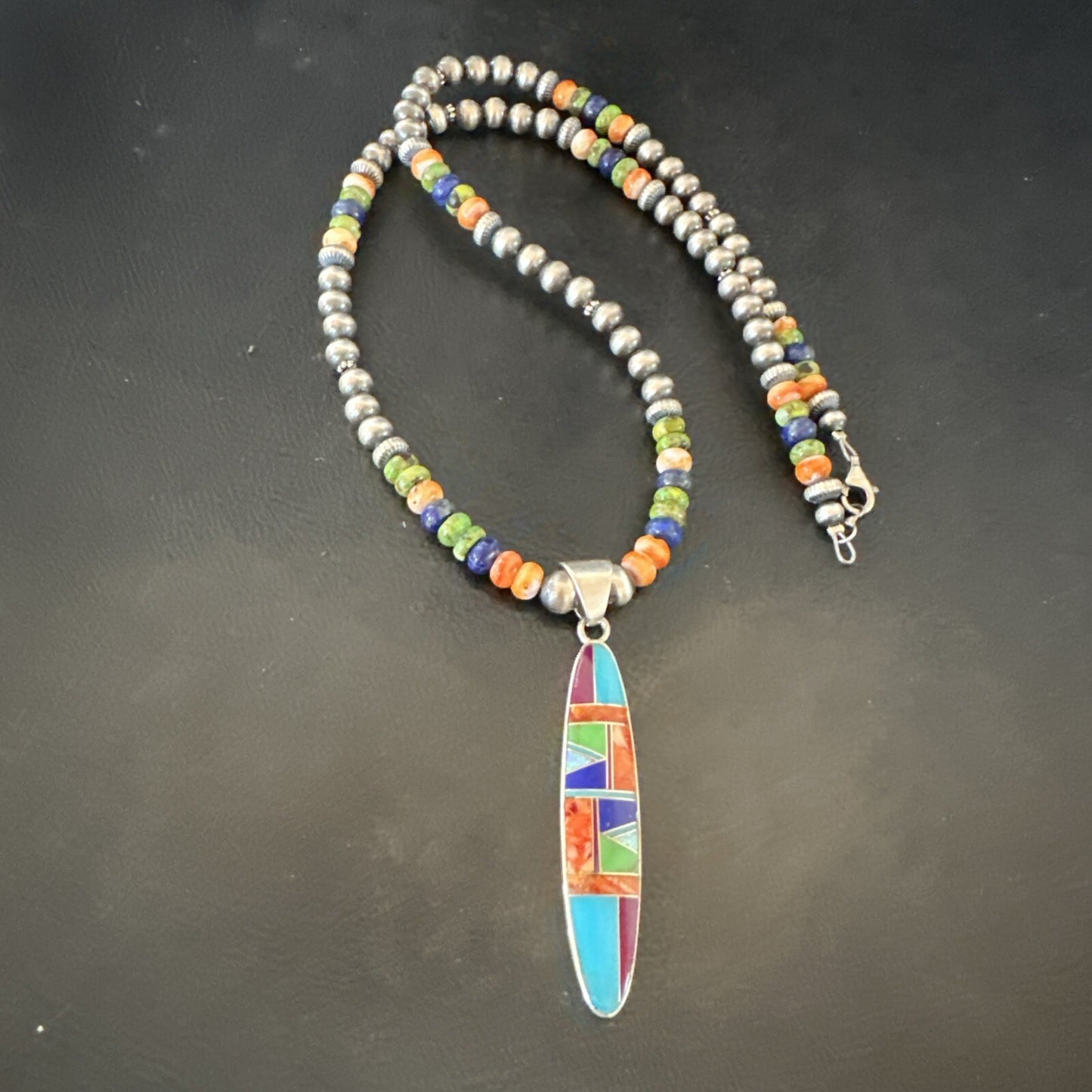 Turquoise Spiny Oyster Inlay Pendant Navajo Sterling Silver Necklace 21" 18822