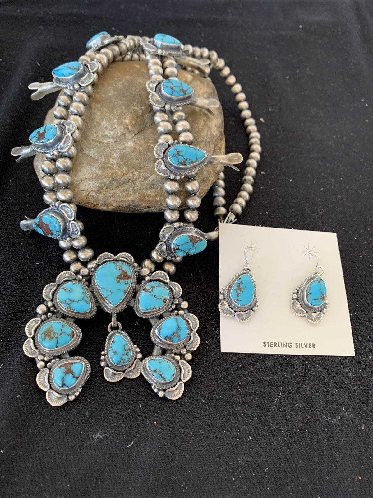 Blue Egyptian Turquoise Sterling Silver Beads Squash Blossom Necklace 17201