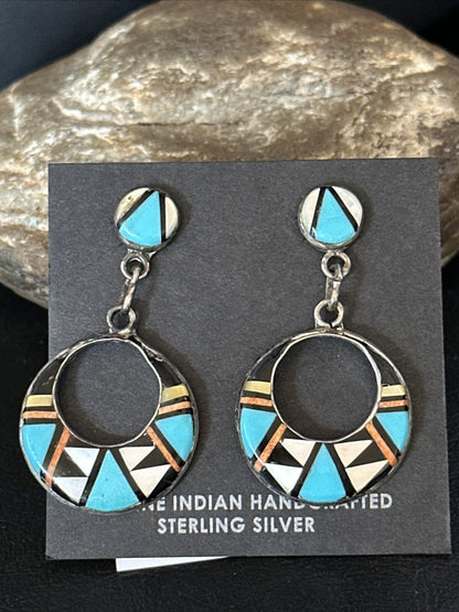 Coral Turquoise Onyx Abalone Zuni Sterling Silver Inlay Earrings 14768