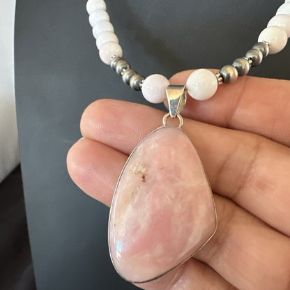 Southwestern Sterling Silver Pink Queen Conch Bead Necklace Pendant 20" 19556