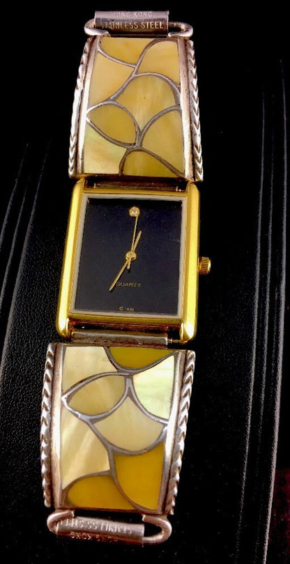 Yellow Mother Of Pearls Zuni Sterling Silver Old Pawn Bolo Tie & Watch 03114