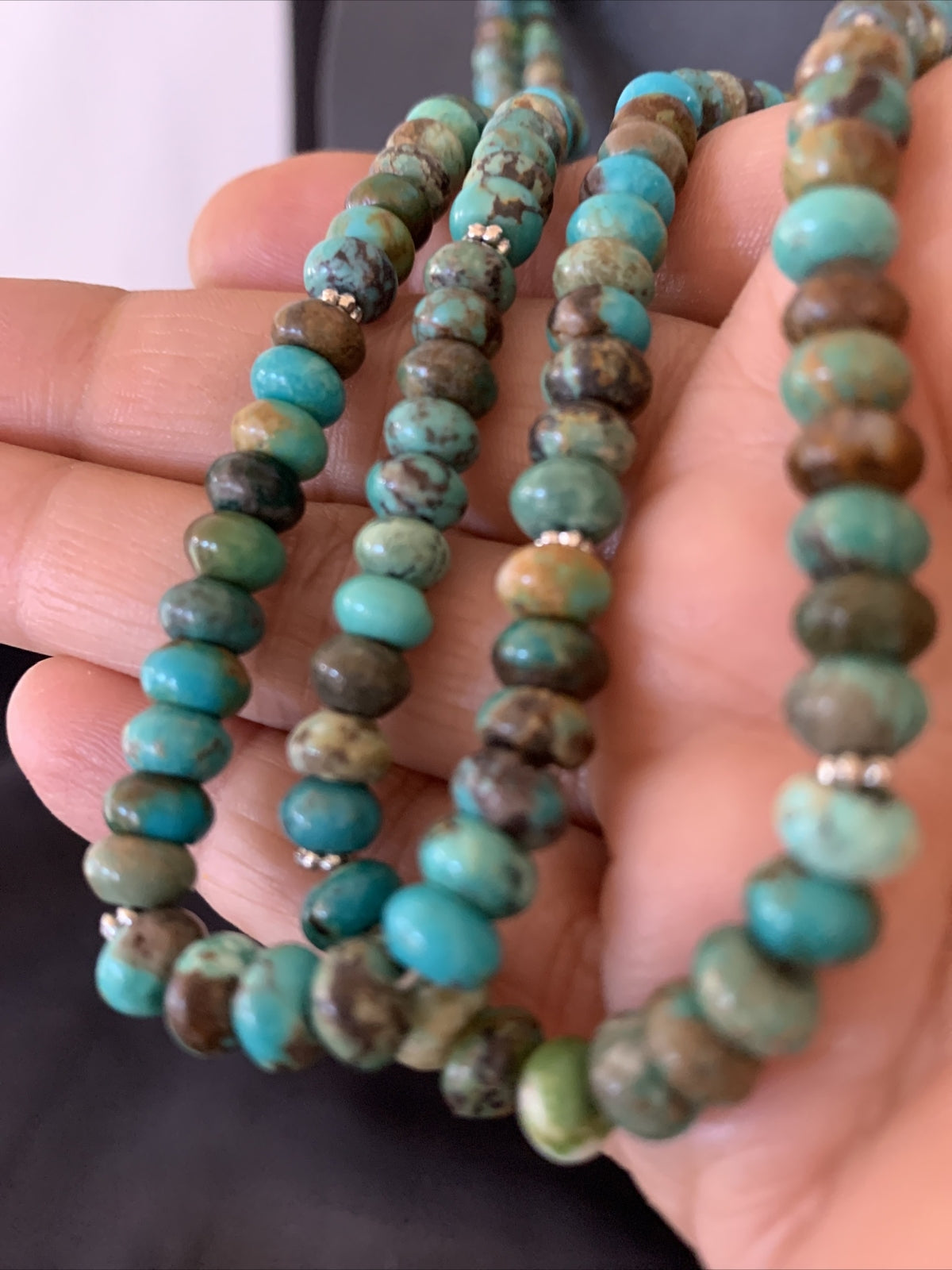 Native Navajo 2 Strands Blue Green Turquoise Sterling Silver Necklace 22" 09473