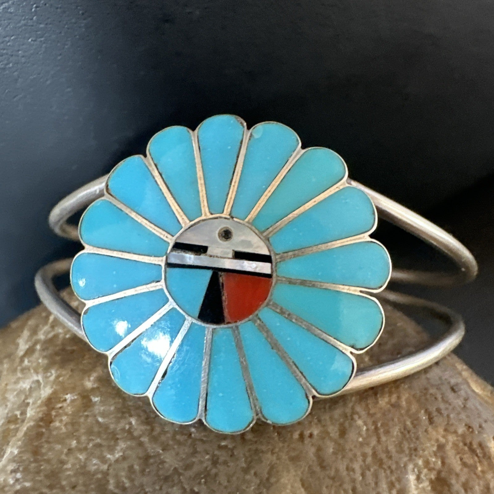 Old Pawn Sunface Turquoise Zuni Sterling Silver Onyx Bracelet 6.5” 19129