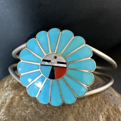 Old Pawn Sunface Turquoise Zuni Sterling Silver Onyx Bracelet 6.5” 19129