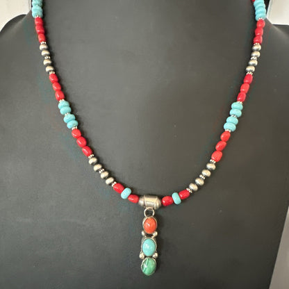 Multicolor Turquoise Coral Navajo Sterling Silver Cluster Pendant Necklace 19654