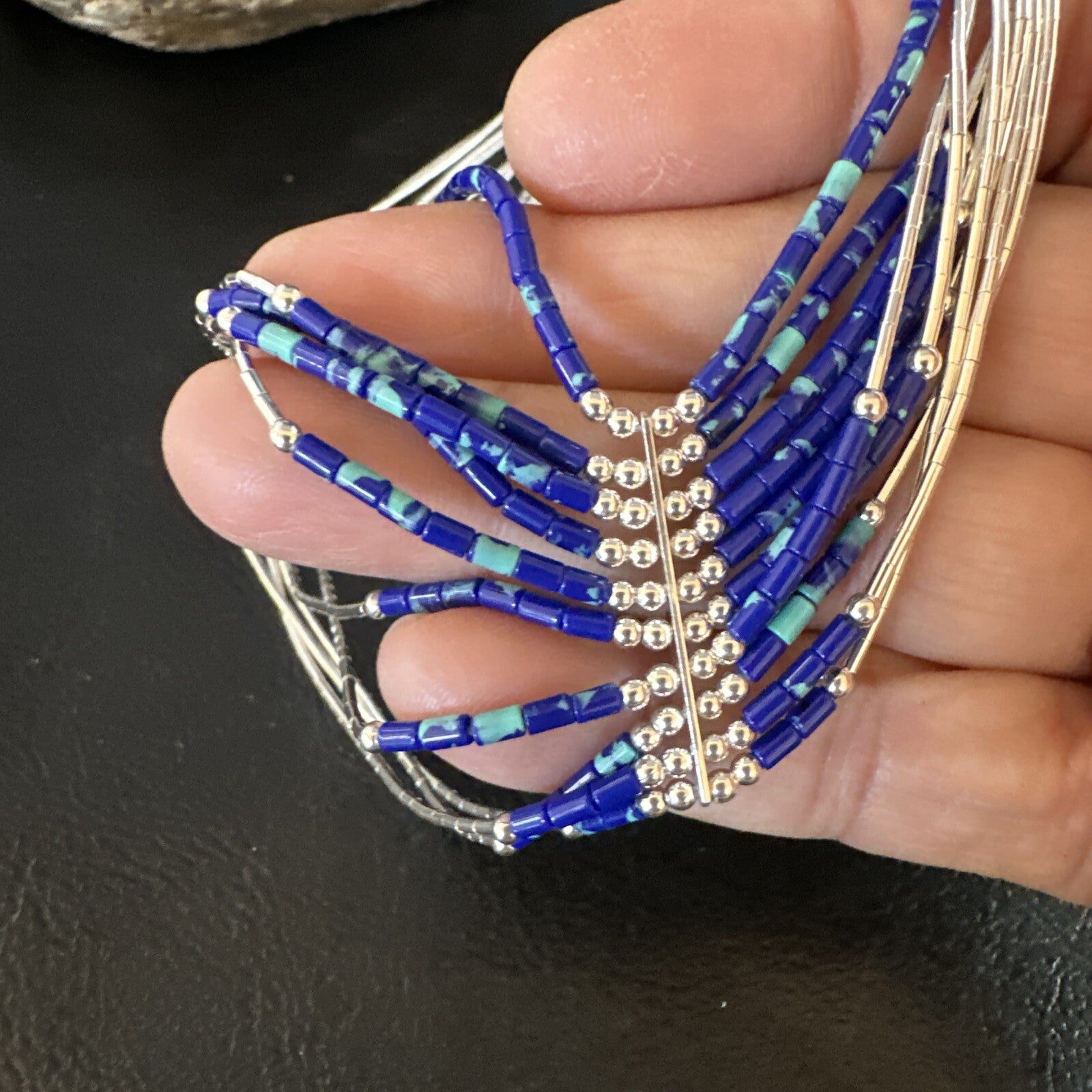 Blue Green Azurite Heishi 10Strand Stabilized Sterling Silver Necklace 18" 15135