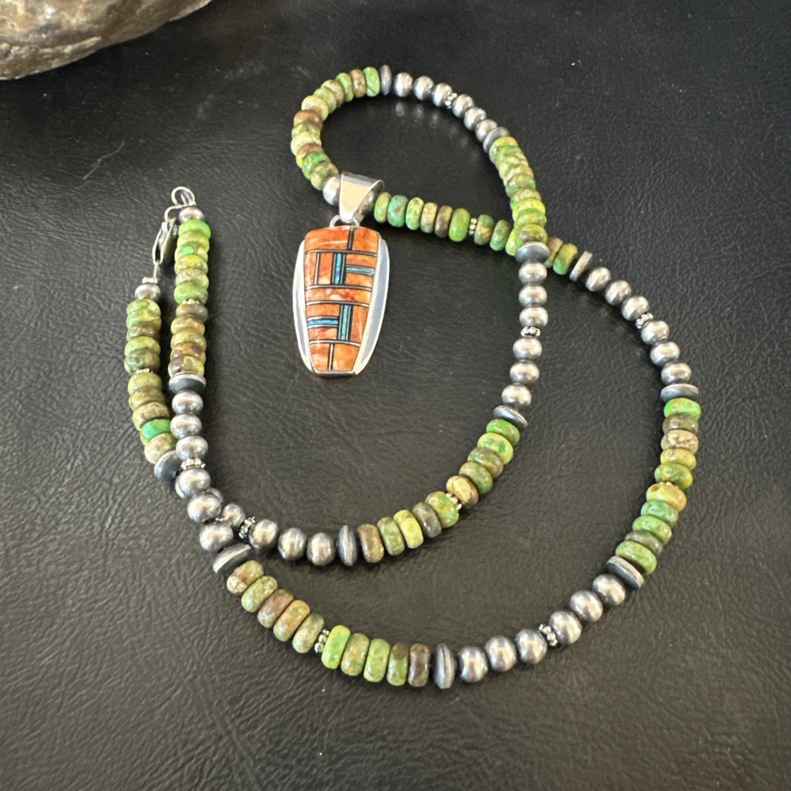 Green Turquoise Orange Spiny Pendant Sterling Silver Necklace 21” 19228