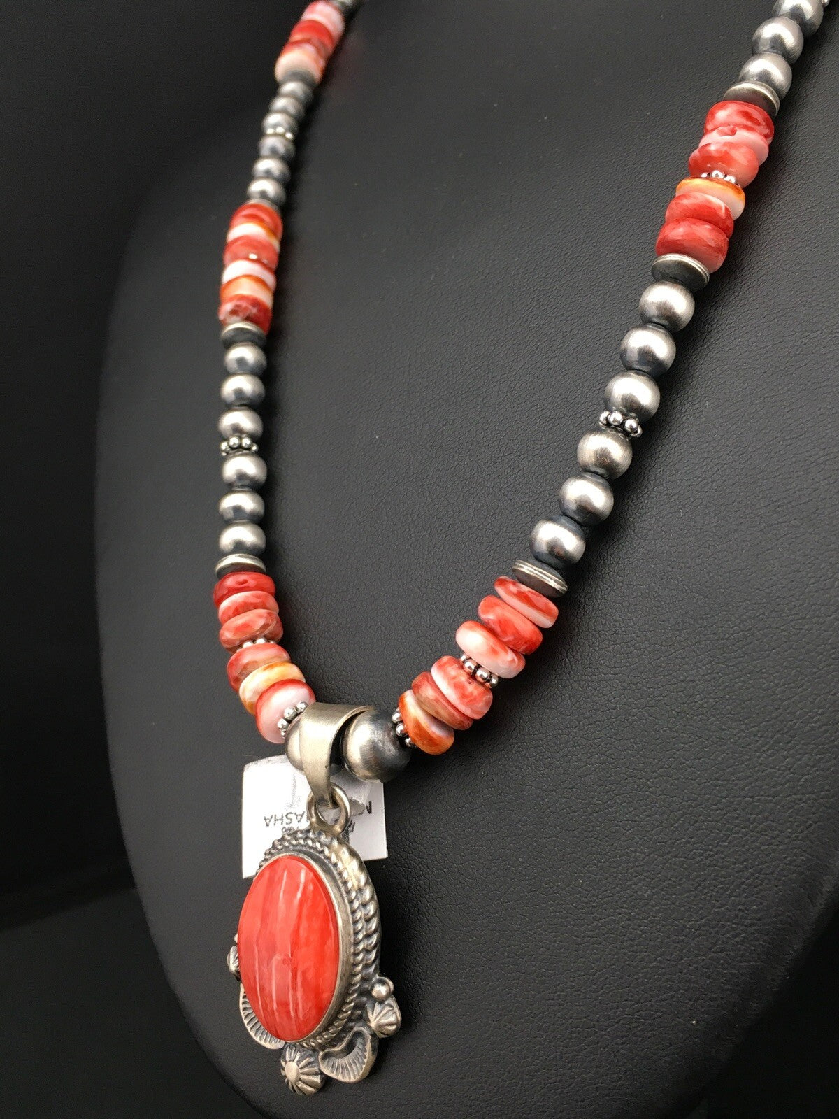 Red Spiny Oyster Pendant Navajo Pearls Sterling Silver Necklace 2685
