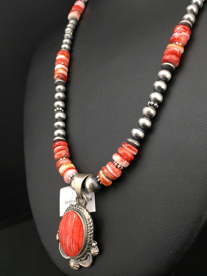 Red Spiny Oyster Pendant Navajo Pearls Sterling Silver Necklace 2685