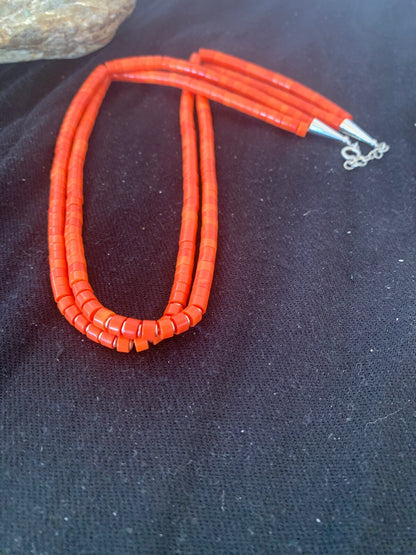 Apple Coral Tube Heishi Bead 2 Strand Navajo Sterling Silver Necklace 4700