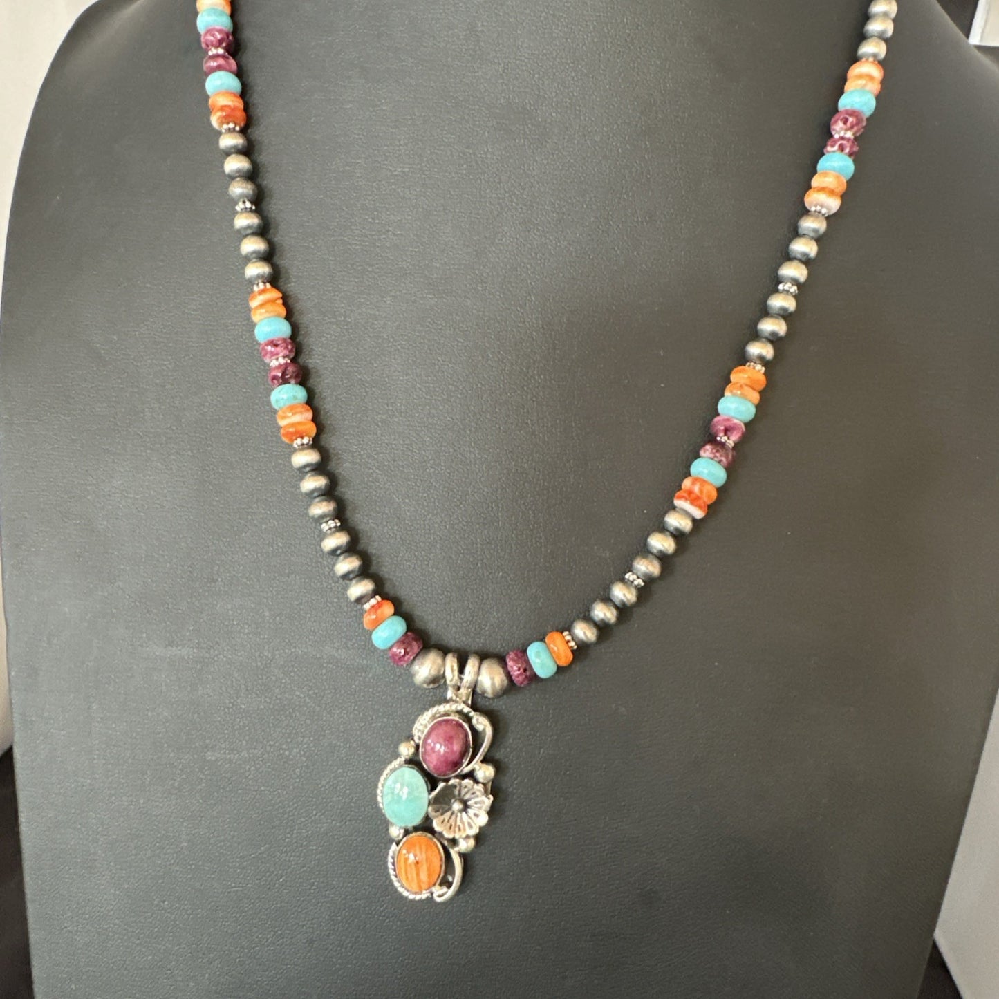 Multicolor Turquoise Spiny Navajo Sterling Silver Cluster Pendant Necklace 19641