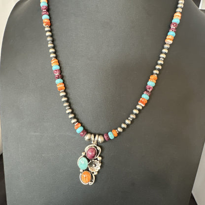 Multicolor Turquoise Spiny Navajo Sterling Silver Cluster Pendant Necklace 19641
