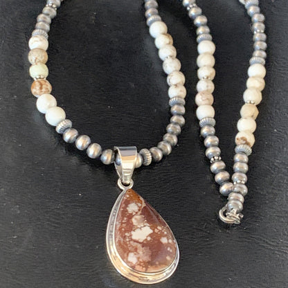 Wild Horse Turquoise Pendant Navajo Pearls Sterling Silver Necklace 20" 13864