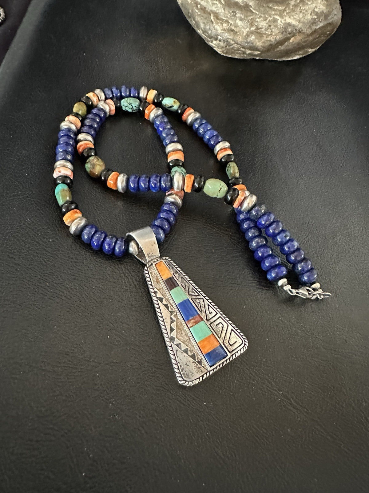 Multicolor Inlay Lapis Pendant Navajo Sterling Silver Necklace 22” 19467