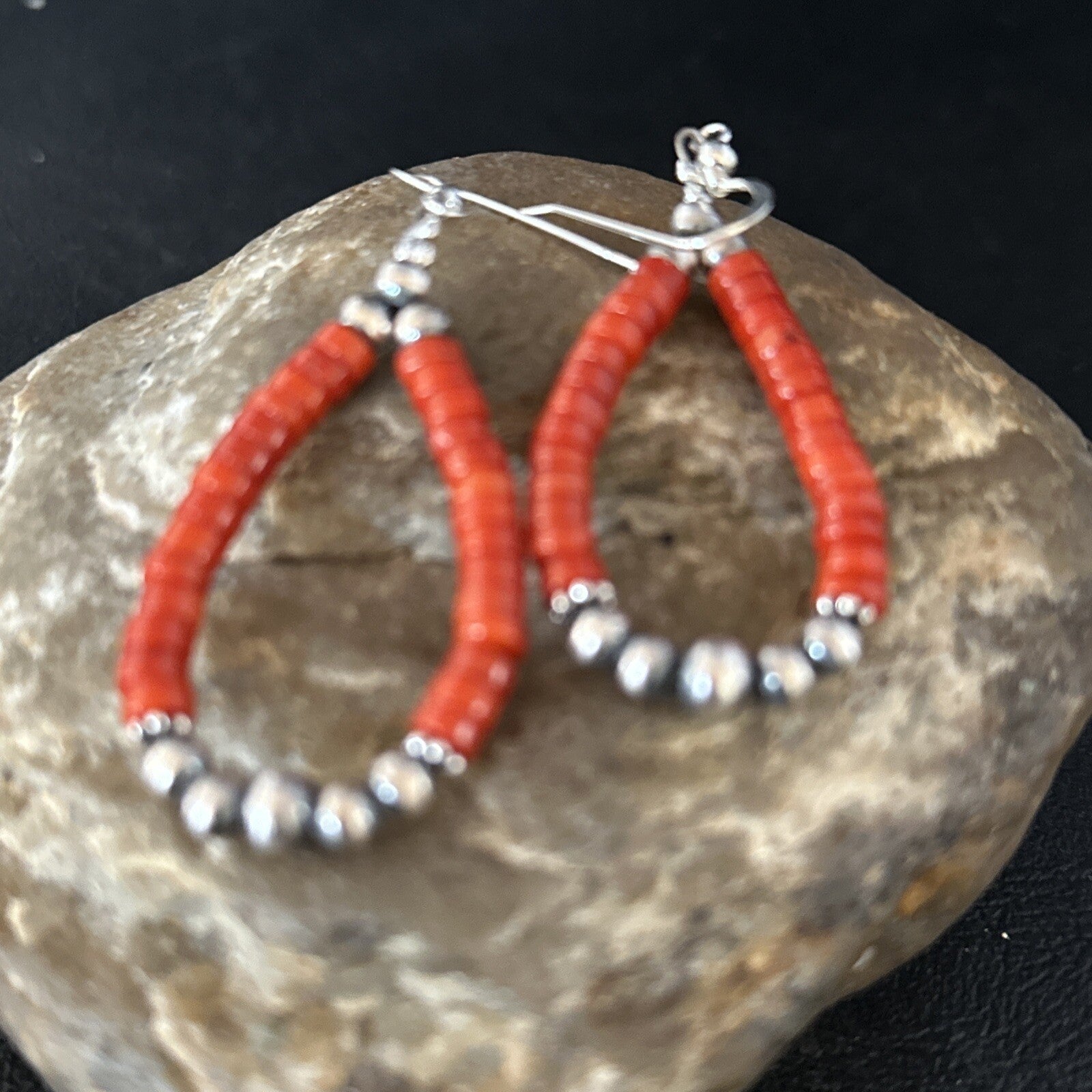 Native American Red Coral Bead Earrings Navajo Sterling Silver 14383