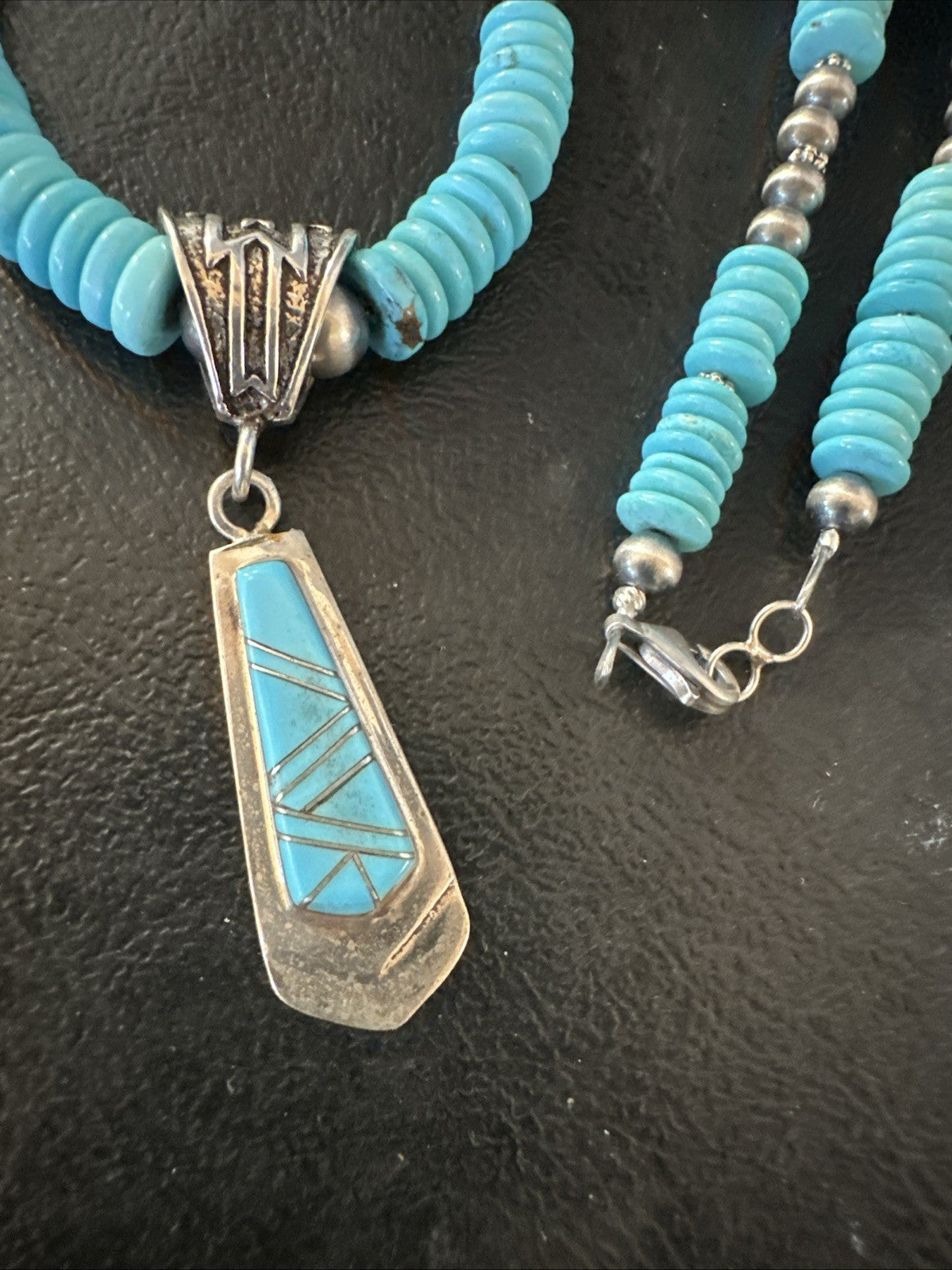 Blue Turquoise Inlay Pendant Navajo Sterling Silver Necklace 20" 19677