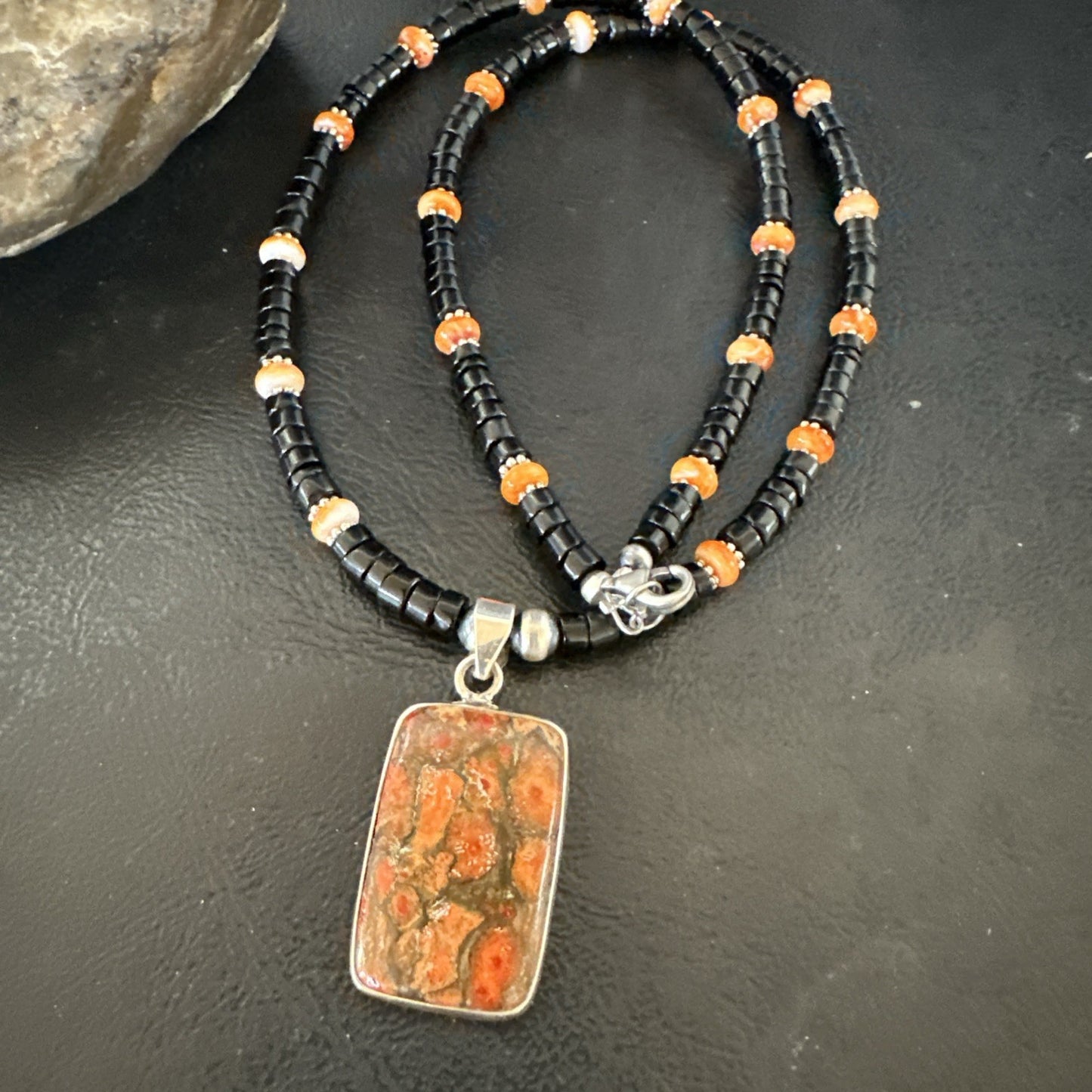 Orange Spiny Black Onyx Navajo Sterling Silver Pendant Necklace 20” 19637