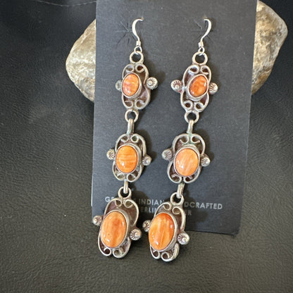 Native Navajo Sterling Silver Orange Spiny Oyster Dangle Earrings 1227