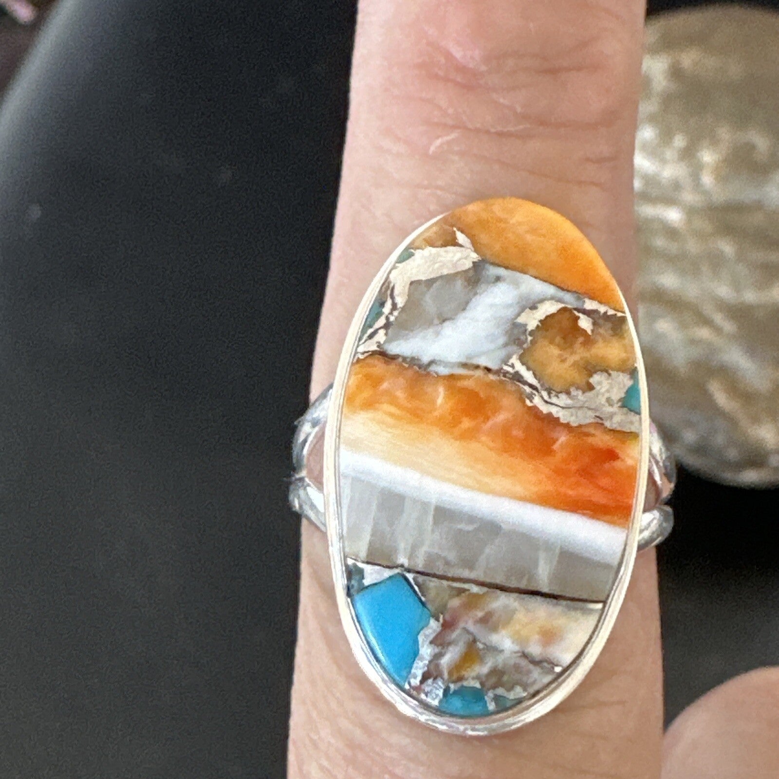 Blue Turquoise Spiny Oyster Navajo Sterling Silver Ring Size 8 18251