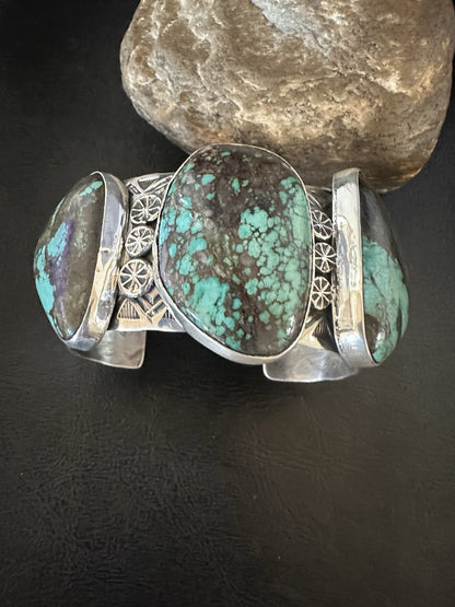 Mens Blue Spiderweb Turquoise Navajo Sterling Silver Cuff Bracelet 7.25" 19435